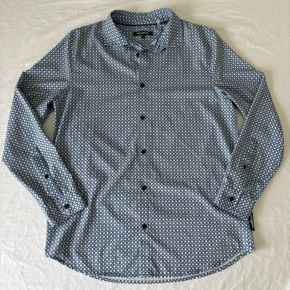 Karl Lagerfeld Paris Mens Blue Geometric Print Long Sleeve Button Down Shirt M